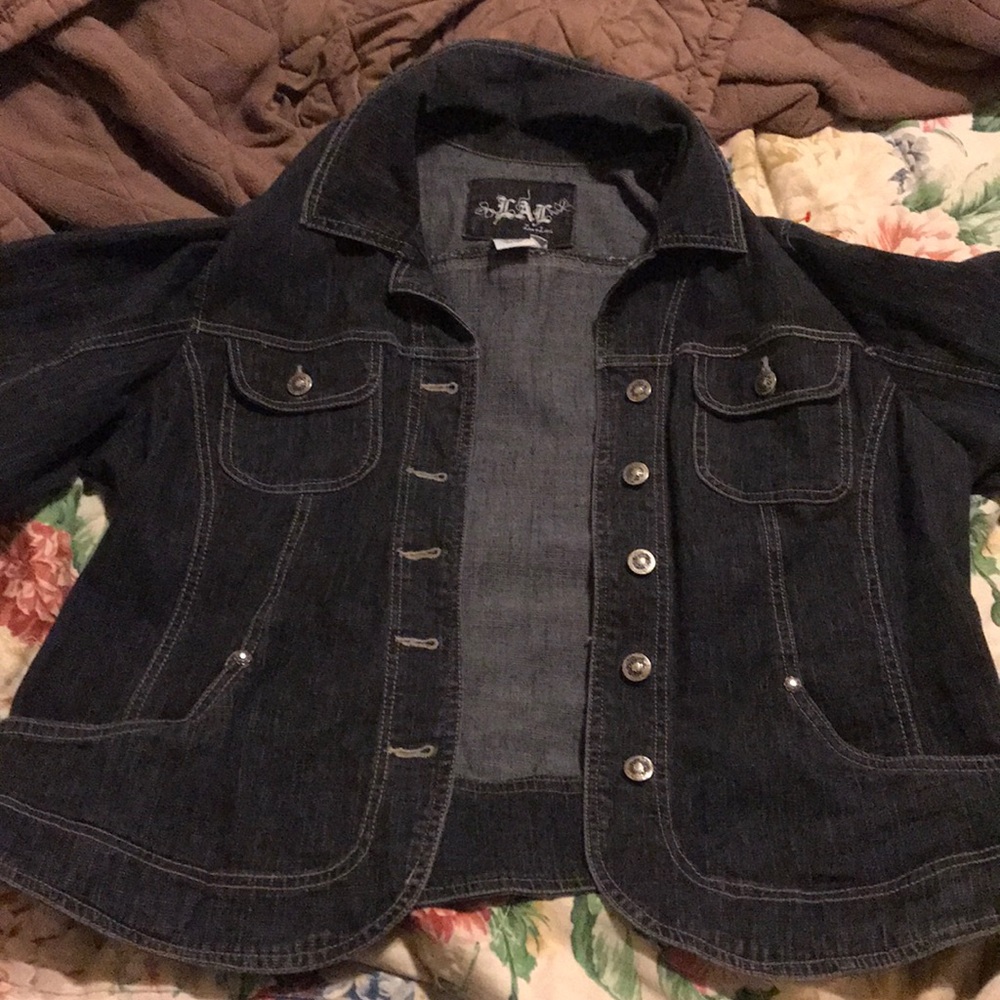Live a Little Navy Blue Jean Jacket sz. XL EUC